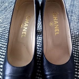 CHANEL, Black Leather Pump with Square Heel No Box-Size-40 (US sz. 9 1/2)